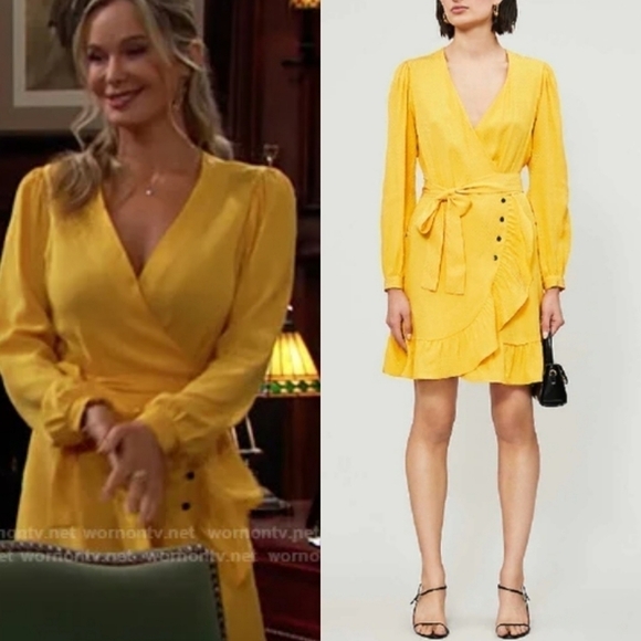 New Maje Seya Ruffled Polka-Dot Jacquard Marigold Wrap Dress NWT 10 US=XL/42 FR - Picture 5 of 10